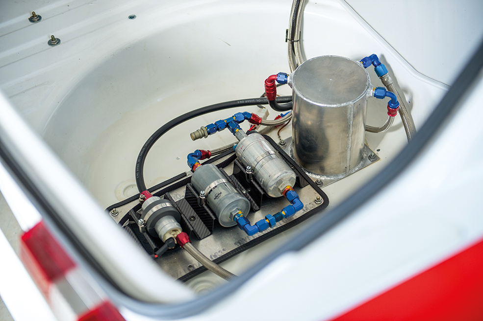 View down to the A silver, blue and red fuel cell