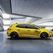 Side profile shot of yellow Megane RS