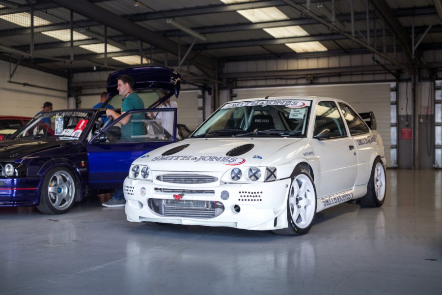 Race car in pit garages at Silverstone